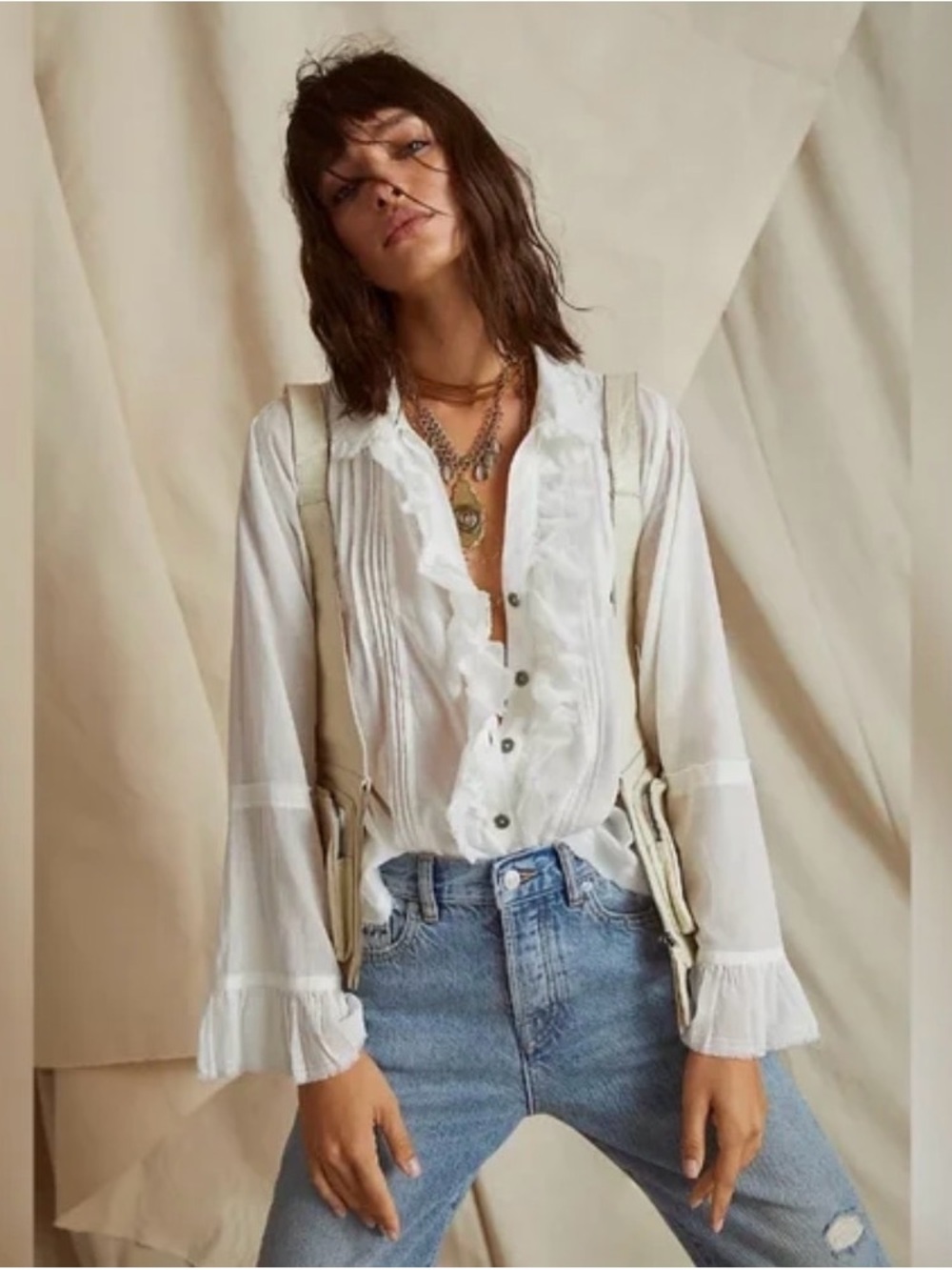 Free People White Ruffled V-Neck button up Blouse shirt,size Xs , fits Xs to S